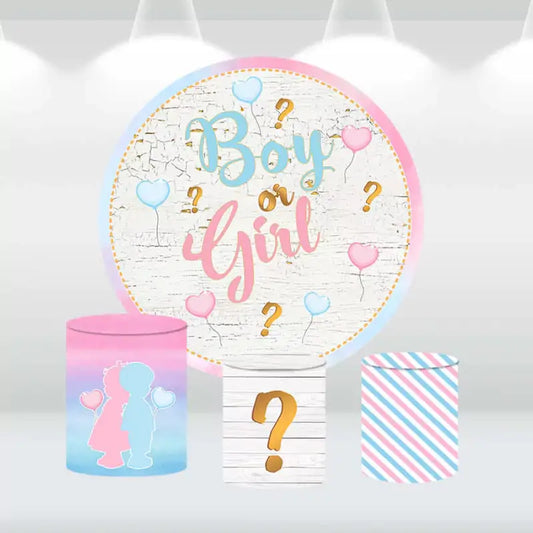 Sensfun Gender Reveal Party Baby Shower Circle Cylinder Cover Background Pink Blue Balloons Boy or Girl Round Backdrop Cover