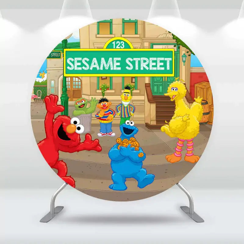 123 Sesame Street round backdrop with Elmo, Cookie Monster, and other characters for birthday party decorations