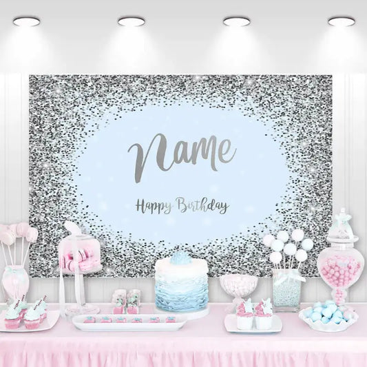Personalized silver and blue birthday backdrop with sparkles and soft glow – ideal for birthdays, photo booths, and elegant party decor