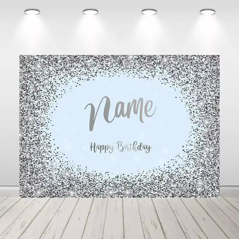 Personalized birthday backdrop with silver glitter and custom name.