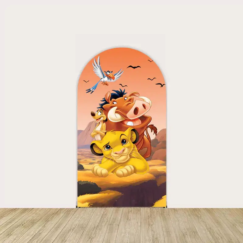 Center arch panel with Simba lying down, smiling with Pumbaa, Timon, and Zazu above—set against a golden savannah background.