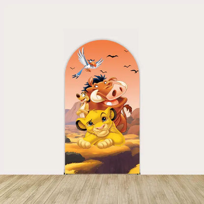 Center arch panel with Simba lying down, smiling with Pumbaa, Timon, and Zazu above—set against a golden savannah background.