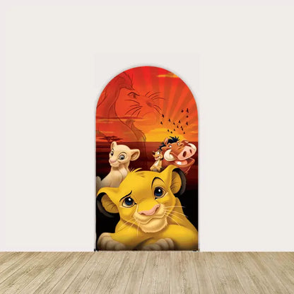 Right panel showing Simba, Timon, and Pumbaa with a glowing red sunset and silhouette of Mufasa in the sky—ideal for Lion King themed events.