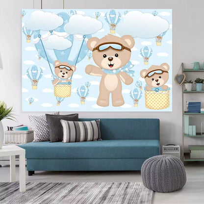 Whimsical birthday backdrop displaying teddy bears in various hot air balloons, floating against a cloud-filled sky for a child's party.