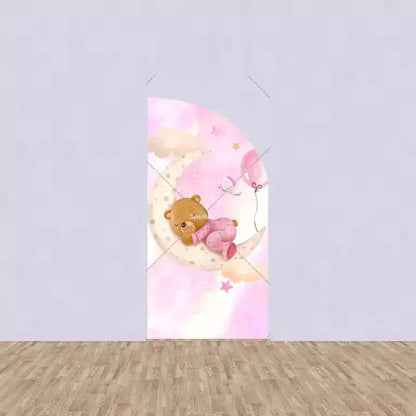 Right panel with a baby bear in pink sleeping on a moon with balloons in a dreamy pink sky—ideal for girl-themed baby shower design.
