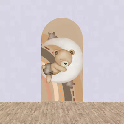 Right panel showing a sleeping teddy bear on a crescent moon with stars and rainbow stripes in earthy tones—ideal for calm, dreamy baby setups.