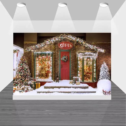 Holiday shop backdrop with red door, wreath, gift boxes, and decorated windows surrounded by snow – perfect for Christmas-themed event decor