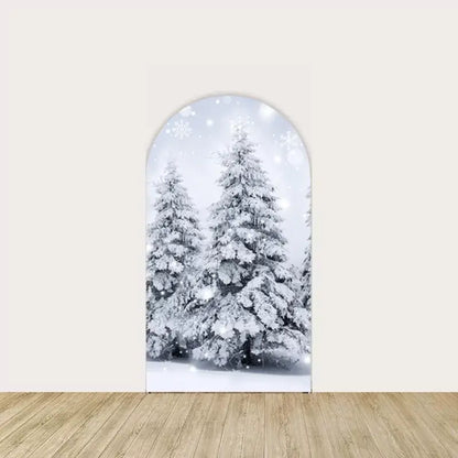 Right arch panel featuring frosted evergreens and dreamy snowfall—perfect for winter backdrops.