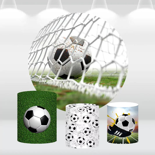 Soccer-themed round backdrop with a goal scene and matching cylinder covers, perfect for kids’ sports-themed parties and soccer events.