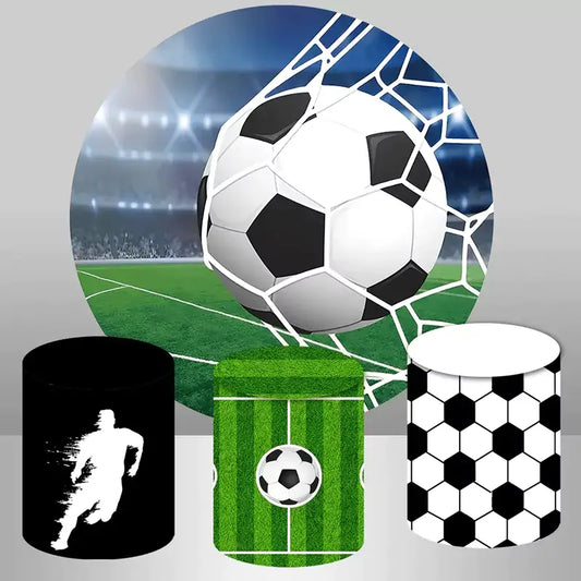 Soccer-themed round backdrop featuring a soccer ball hitting the net, with three matching cylindrical covers displaying football-related designs, including a soccer ball, football field, and player silhouette.