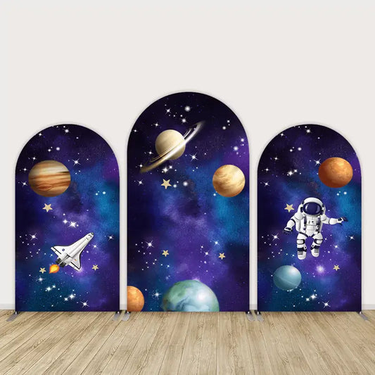 Three-panel space-themed arch backdrop featuring planets, stars, an astronaut, and a rocket against a purple-blue galaxy background—perfect for kids’ space parties.