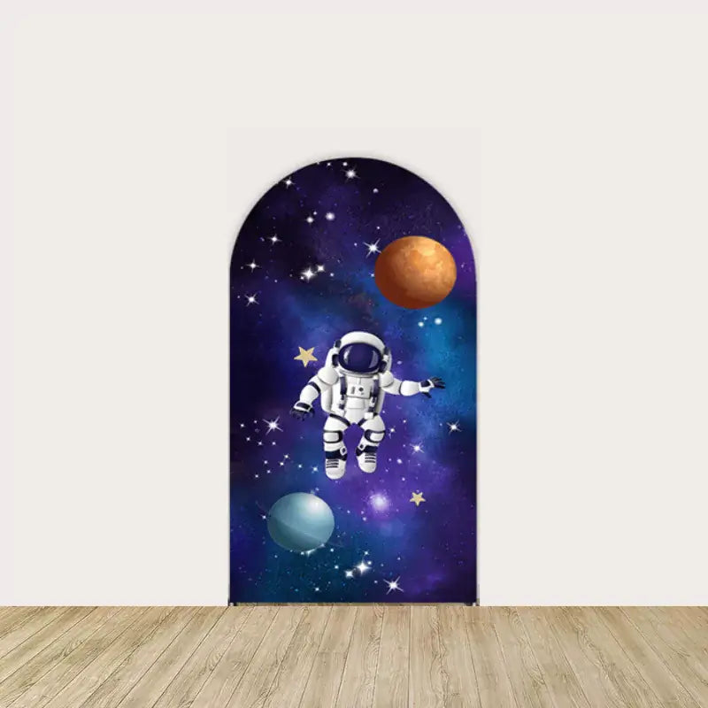 Right backdrop featuring an astronaut floating in space near the planet Mars, surrounded by stars and a vibrant galaxy background.