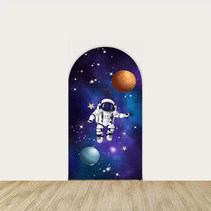 Right panel with an astronaut floating among planets and stars in deep space—great for space adventure-themed celebrations or science events.