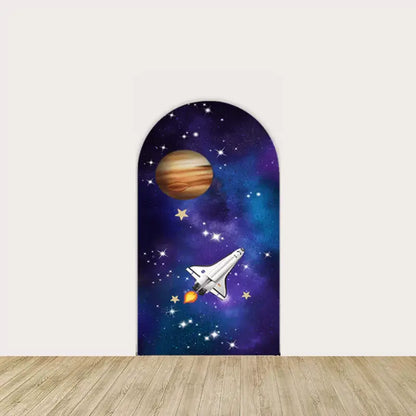 Left backdrop with a spaceship flying through space, passing by the planet Jupiter with a starry background, perfect for space exploration themes.