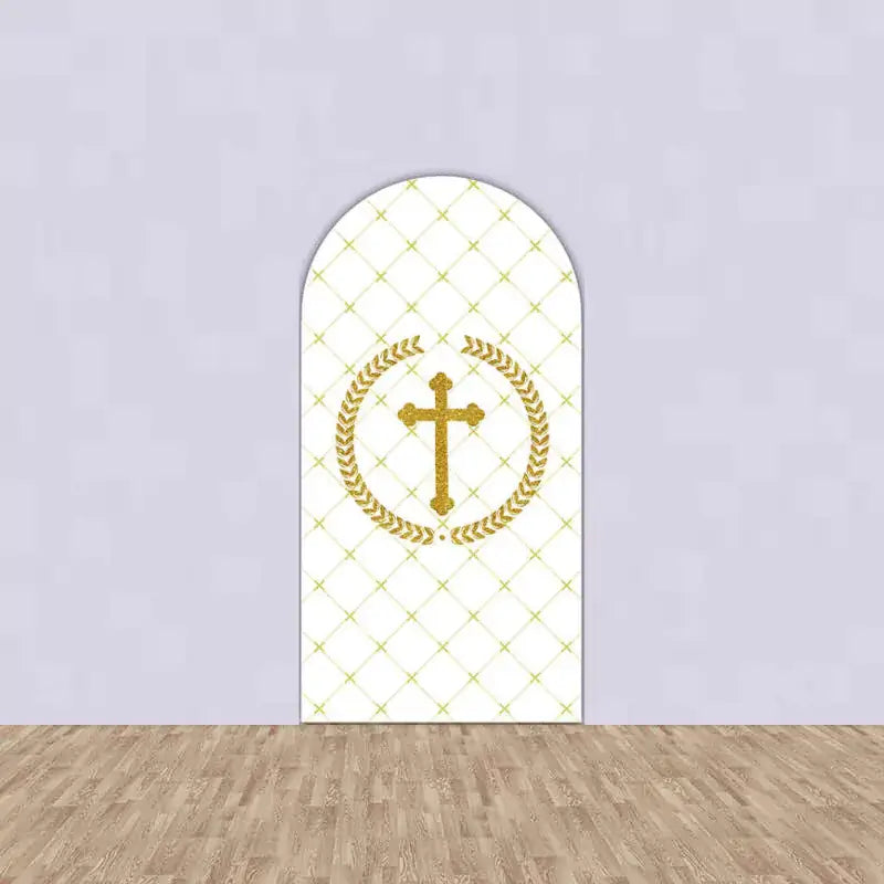 Right arched backdrop featuring a gold cross within a laurel wreath on a white patterned background.