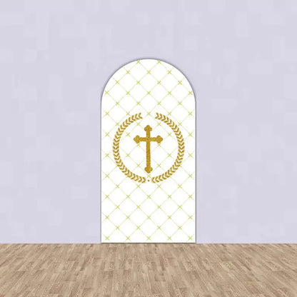 Right arched backdrop featuring a gold cross within a laurel wreath on a white patterned background.