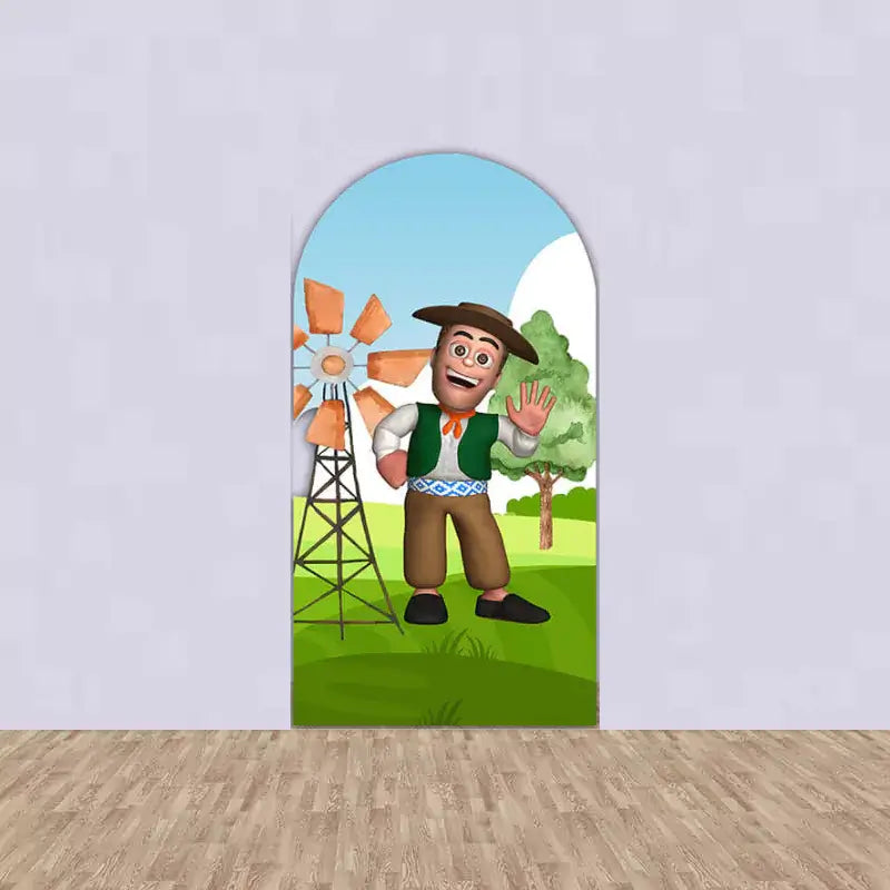 Right arched backdrop with a cartoon farmer waving next to a windmill and a tree, set in a green landscape.