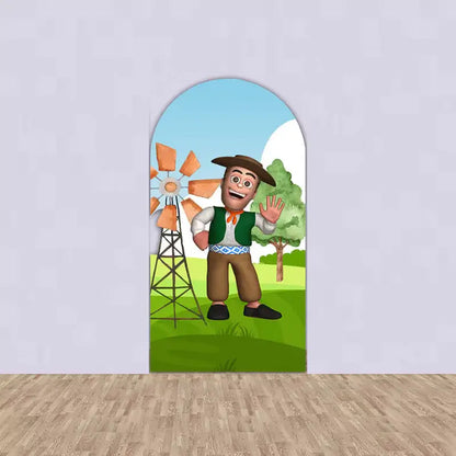 Right arched backdrop with a cartoon farmer waving next to a windmill and a tree, set in a green landscape.