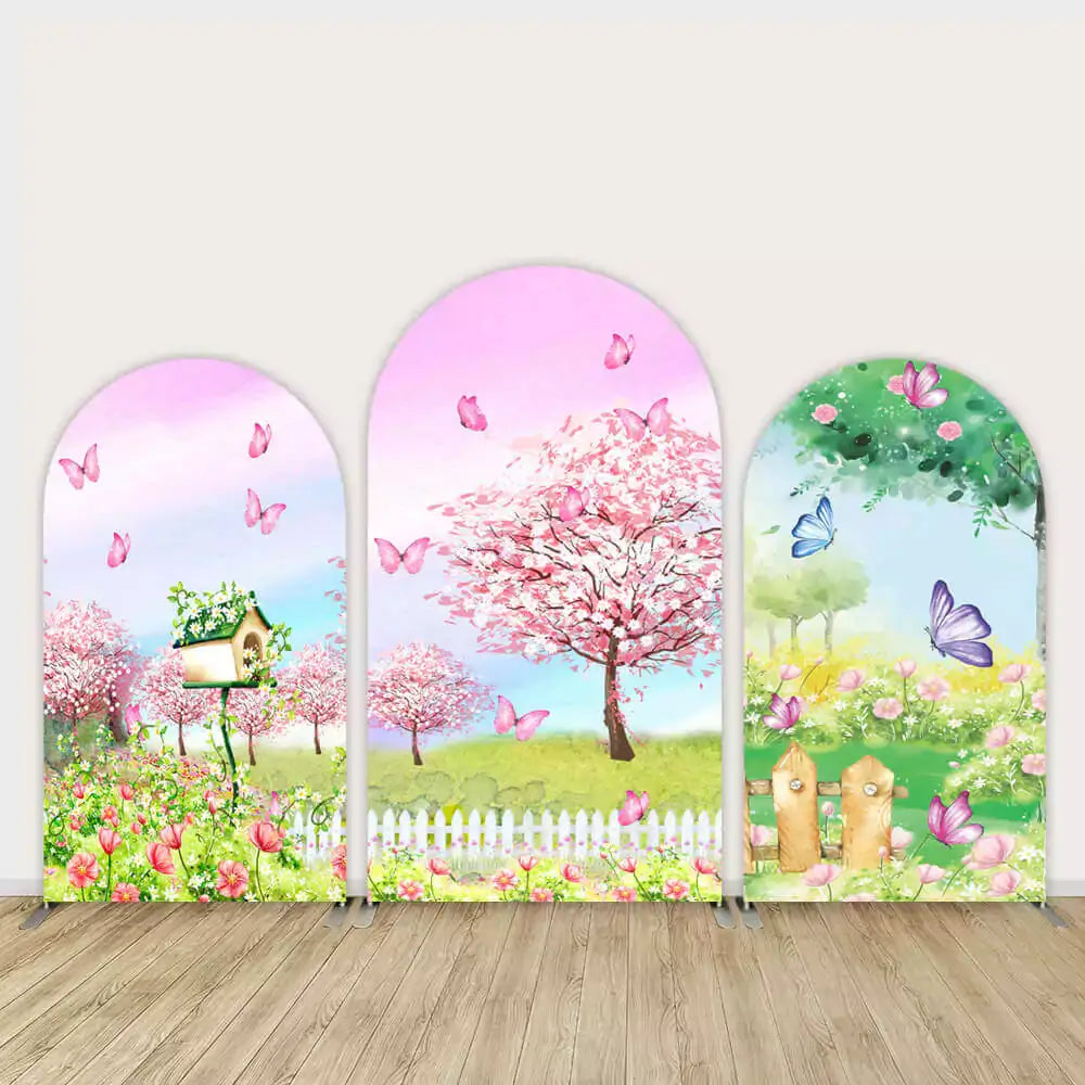 Pink Butterfly Cheey Blossom Wedding Party Decoration Arched Backdrop Cover Wall Spring Garden Baby Shower Photo Background Elastic Doubleside