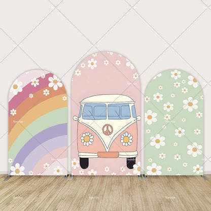 Sesnfun Background Custom Arch Daisy Flower Boho Groovy Covers Double-Sided Rainbow Girl Birthday Backdrop Decor Chiara Wall