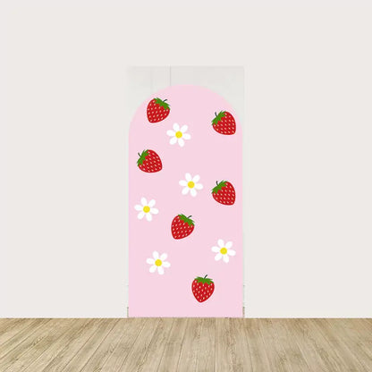 Arch panel with scattered red strawberries and white daisies on a pink background—perfect for berry-themed party decor for girls.
