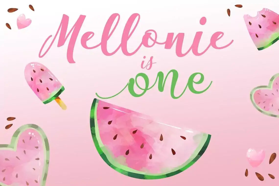 Watermelon slice and popsicle design with 'Mellonie is one' text for summer birthday party.