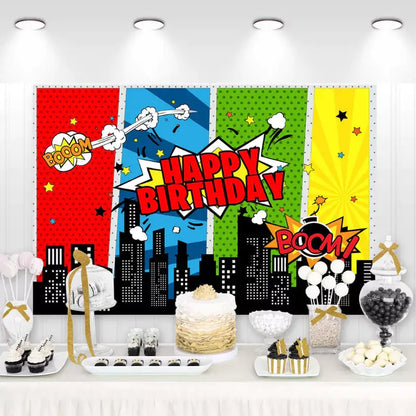 Dynamic superhero-themed birthday party backdrop featuring comic style 'Boom' and 'Pow' expressions with a cityscape silhouette.