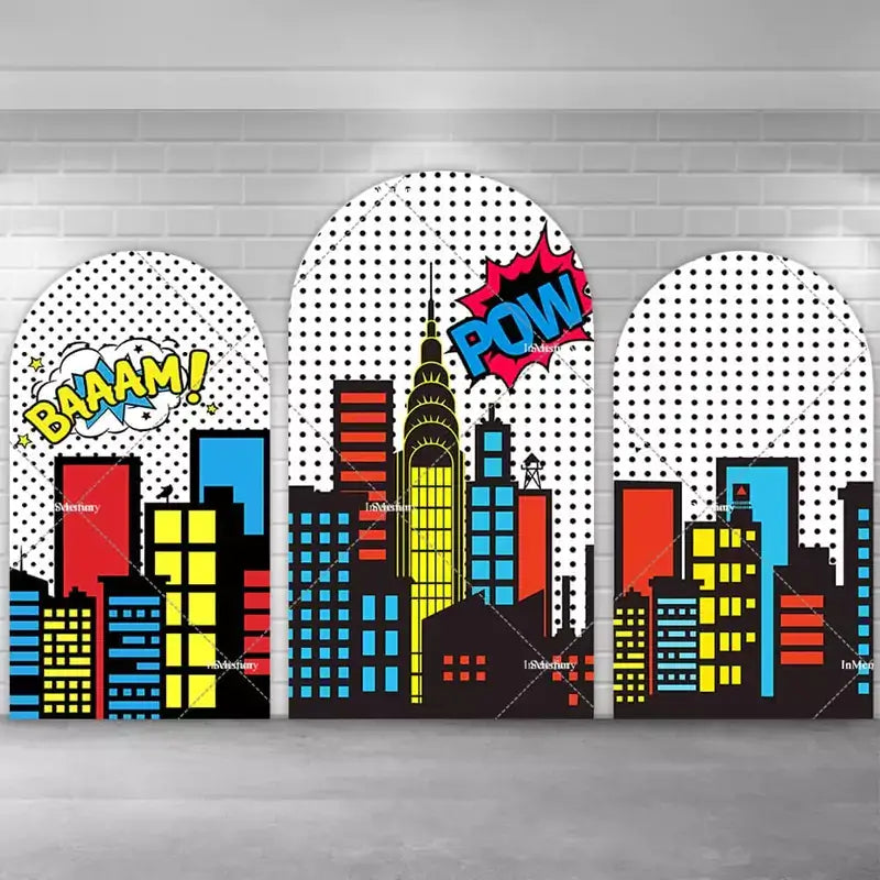 Three-panel superhero comic book-style arch backdrop with dotted background, colorful city skyline, and action bubbles saying “BAAAM!” and “POW!”.