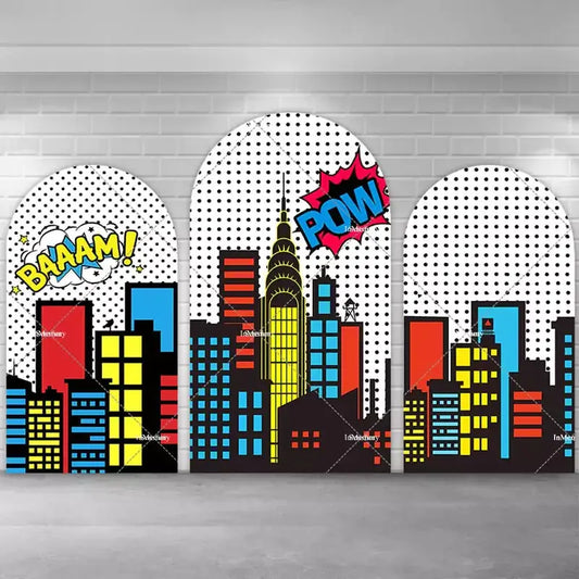 Three-panel superhero comic book-style arch backdrop with dotted background, colorful city skyline, and action bubbles saying “BAAAM!” and “POW!”.