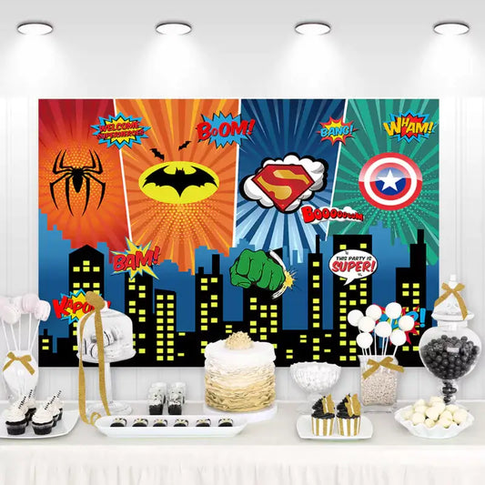 Superhero city skyline birthday backdrop with comic bursts and symbols like Spider-Man, Batman, Superman, Captain America, and Hulk.