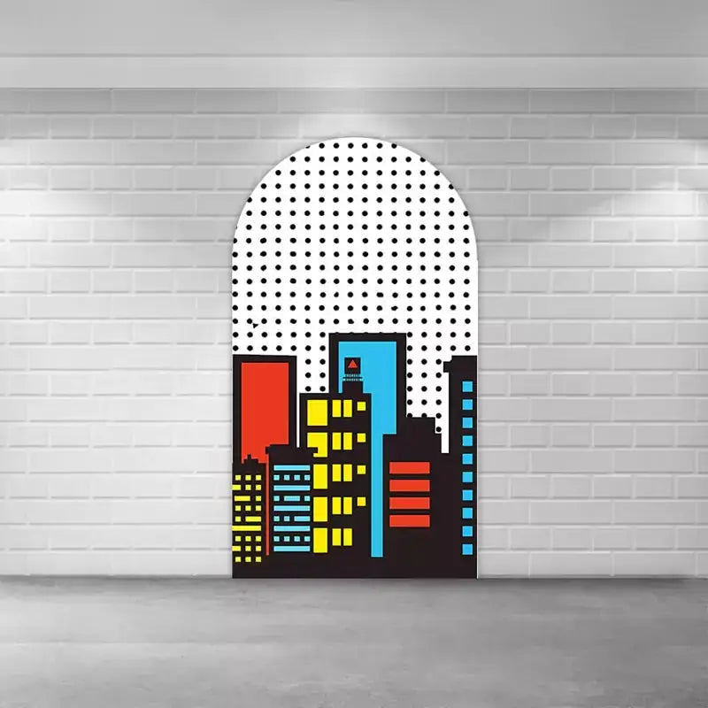 Colorful comic book cityscape with skyscrapers in pop art style, creating a fun and energetic background for superhero parties.