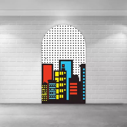 Colorful comic book cityscape with skyscrapers in pop art style, creating a fun and energetic background for superhero parties.