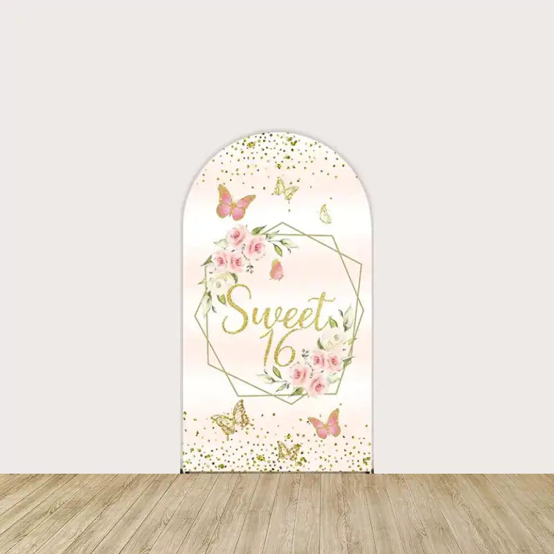 Arch panel with “Sweet 16” in glitter gold script, surrounded by roses, geometric frame, and fluttering butterflies—glamorous birthday focal piece.