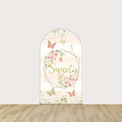 Arch panel with “Sweet 16” in glitter gold script, surrounded by roses, geometric frame, and fluttering butterflies—glamorous birthday focal piece.