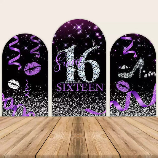 Three-panel Sweet 16 arch backdrop with purple and silver glitter, diamond “16,” lipstick kiss prints, ribbons, and high heel icons.