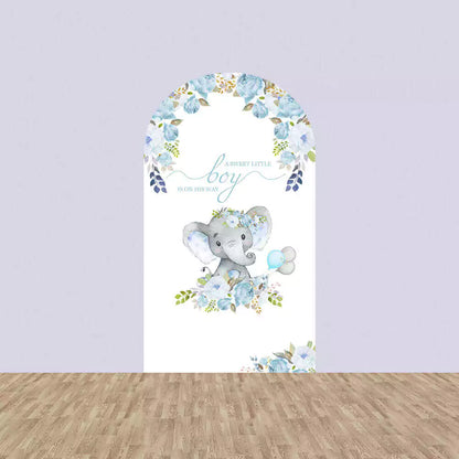 Center backdrop featuring a cute elephant surrounded by blue flowers and the text 'A sweet little boy is on his way,' ideal for a baby boy shower.