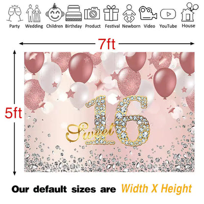 Elegant "Sweet 16" birthday backdrop with rose gold glitter balloons and a shimmering "16" sign, designed for a beautiful and festive celebration.