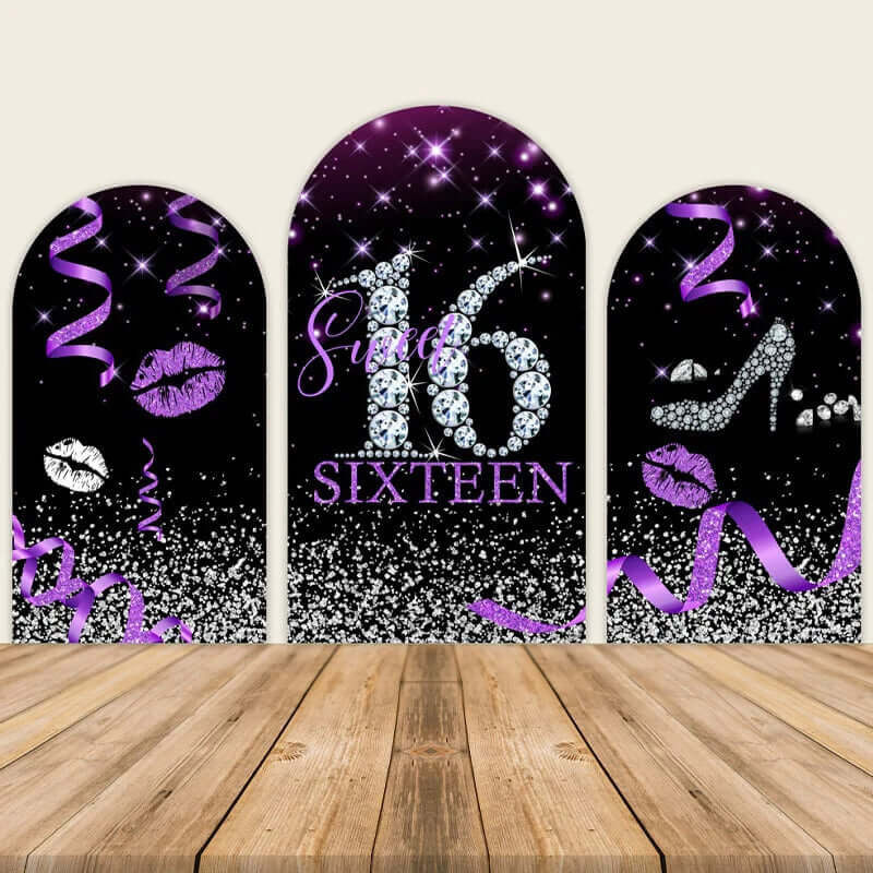 Purple Silver Sweet 16th Birthday Banner Arch Backdrop with Confetti, Happy 16 Birthday Banner for Girls, Pink Sixteen Bday Arched Wall Poster Photo Booth Decor