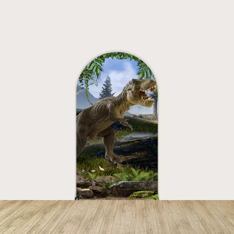 Arch panel with a lifelike T-Rex roaring in a misty forest with ferns and trees—perfect for dino-themed birthday party decor.