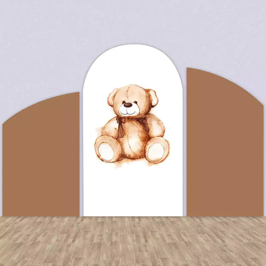 Three-panel teddy bear arch backdrop set with a soft watercolor brown teddy bear in the center and two solid brown side panels.