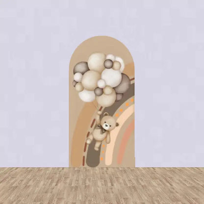 Left panel with a teddy bear holding neutral-tone balloons, floating over a rainbow in soft brown and peach hues—perfect for baby party decor.
