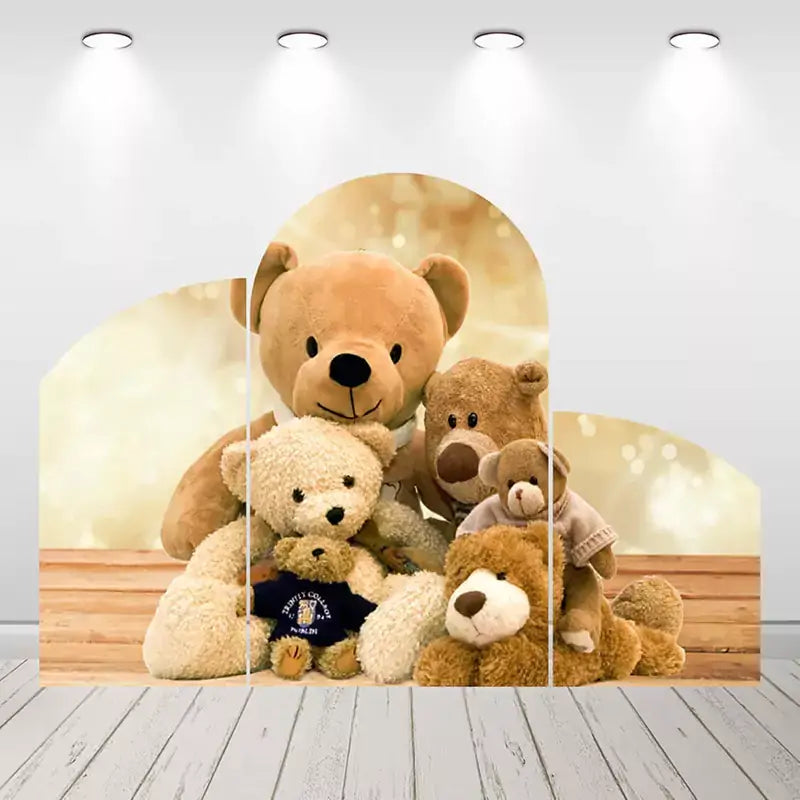 Cozy teddy bear-themed backdrop set featuring a family of plush teddy bears, perfect for baby showers, birthdays, or children's events.