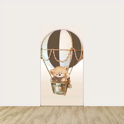 Right arch panel with a cute teddy bear riding a brown and white hot air balloon—whimsical backdrop for a gender-neutral baby shower.
