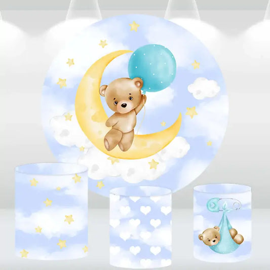 Teddy bear and moon-themed round backdrop with three matching cylindrical pedestal covers featuring star, heart, and teddy bear designs.