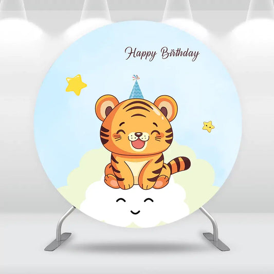 Tiger-themed birthday backdrop featuring a smiling tiger with cloud and stars for kids' parties