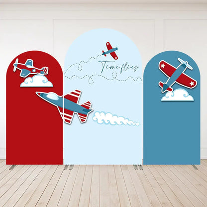 Three-panel airplane arch backdrop set with red and blue planes, clouds, and “Time Flies” text—perfect for aviation birthday or first birthday parties.