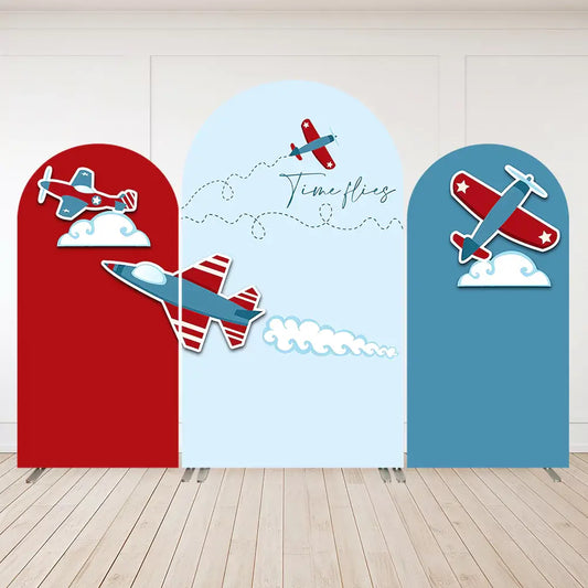 Three-panel airplane arch backdrop set with red and blue planes, clouds, and “Time Flies” text—perfect for aviation birthday or first birthday parties.