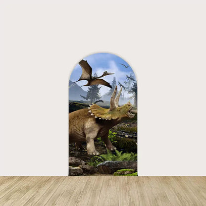 Arch panel with a roaring Triceratops and flying Pterodactyls in a prehistoric forest—great for dinosaur party decorations.