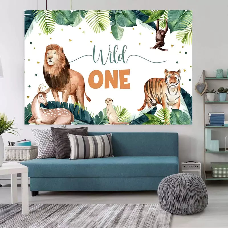 Vibrant jungle-themed party backdrop celebrating a 'Wild One' birthday with detailed illustrations of jungle animals and lush greenery.