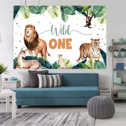 Vibrant jungle-themed party backdrop celebrating a 'Wild One' birthday with detailed illustrations of jungle animals and lush greenery.